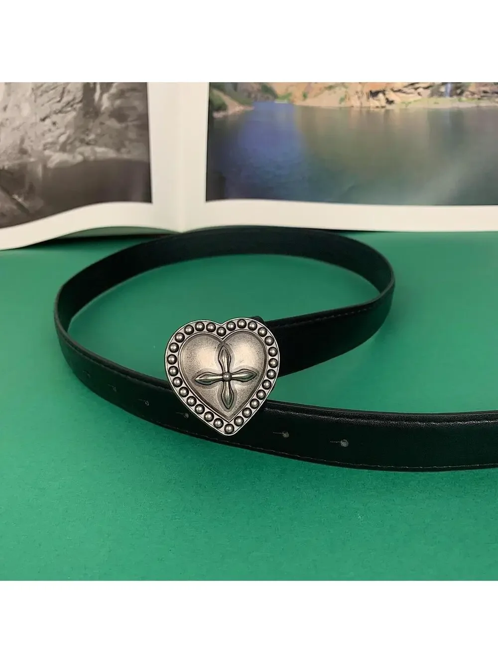 Y2k gothic style heart cross belt buckle black belt. 40 inches length. Unisex